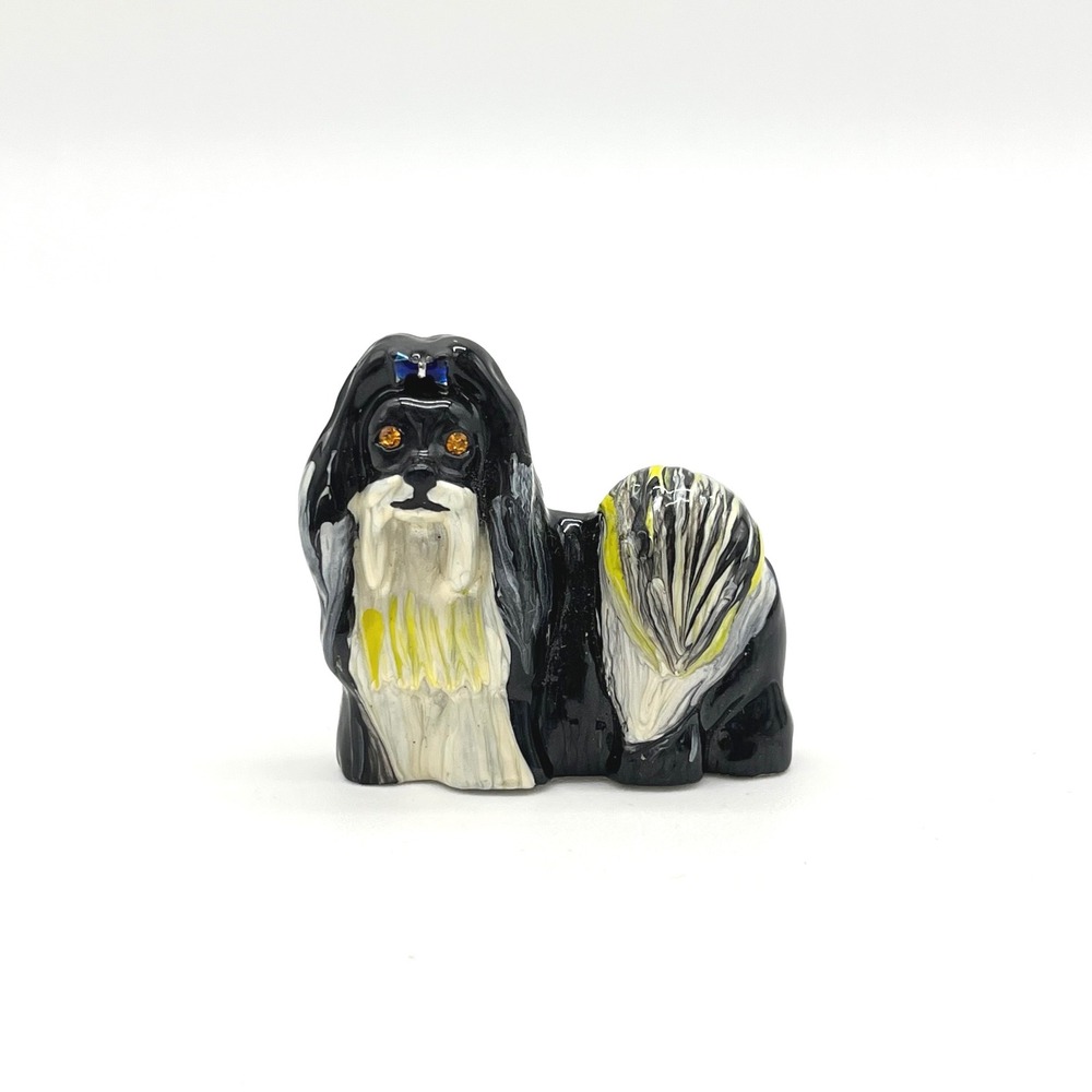 Shih Tzu Dog Pendant Brooch Pin Rhinestone Eyes Enamel Black White Pet Jewelry‎